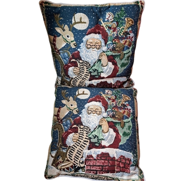 VTG SANTA CLAUS tapestry cushions roped edging zip closure Holiday decor Set 2 - Picture 2 of 7